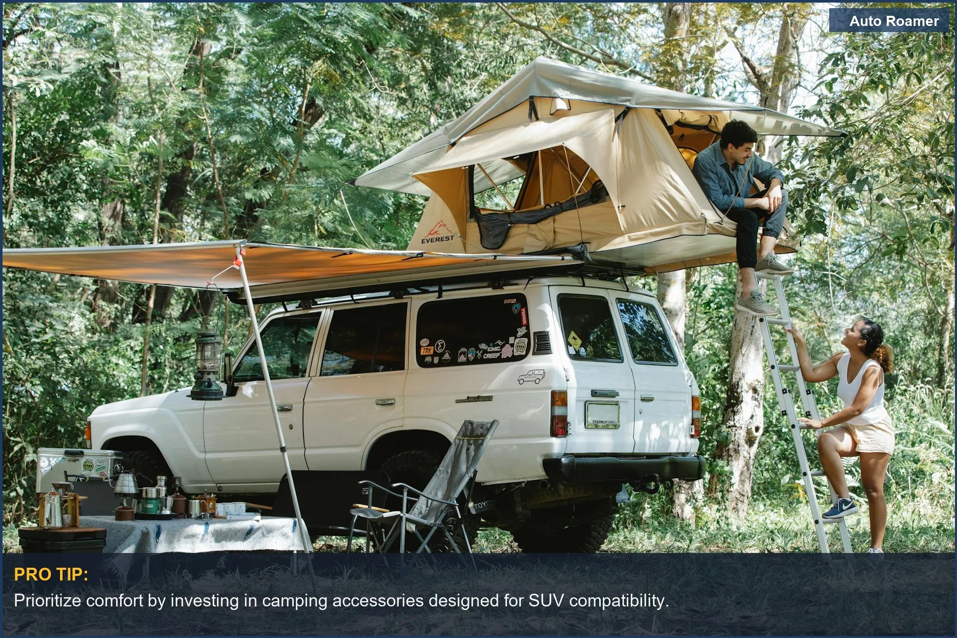 SUV parked in a lush forest with a couple enjoying their camping experience with a rooftop tent.