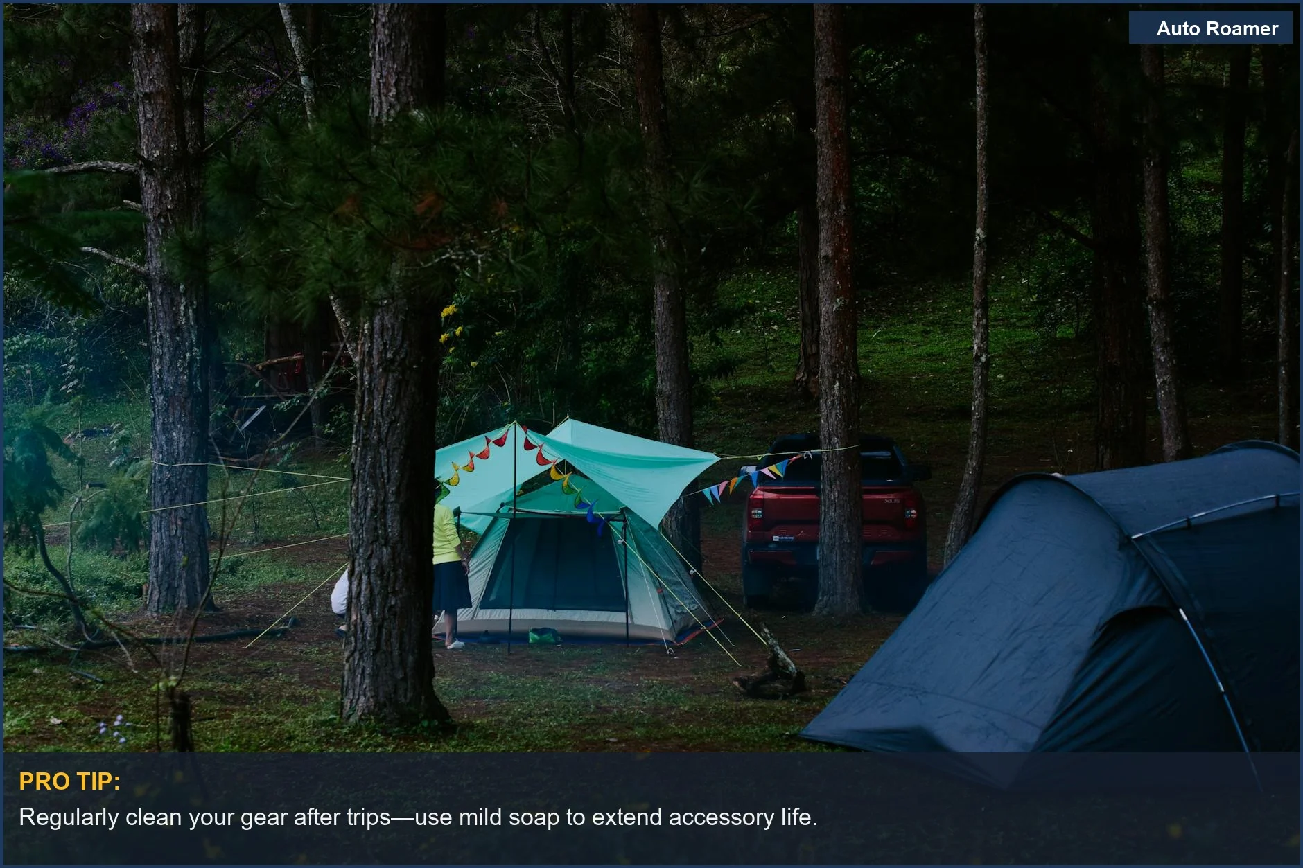 Peaceful forest camping scene with tents and a vehicle surrounded by trees, ideal for relaxation.