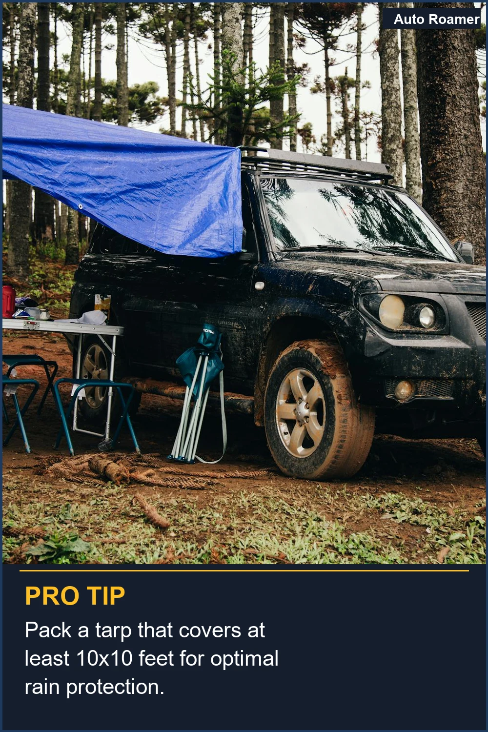 Pack a tarp that covers at least 10x10 feet for optimal rain protection.