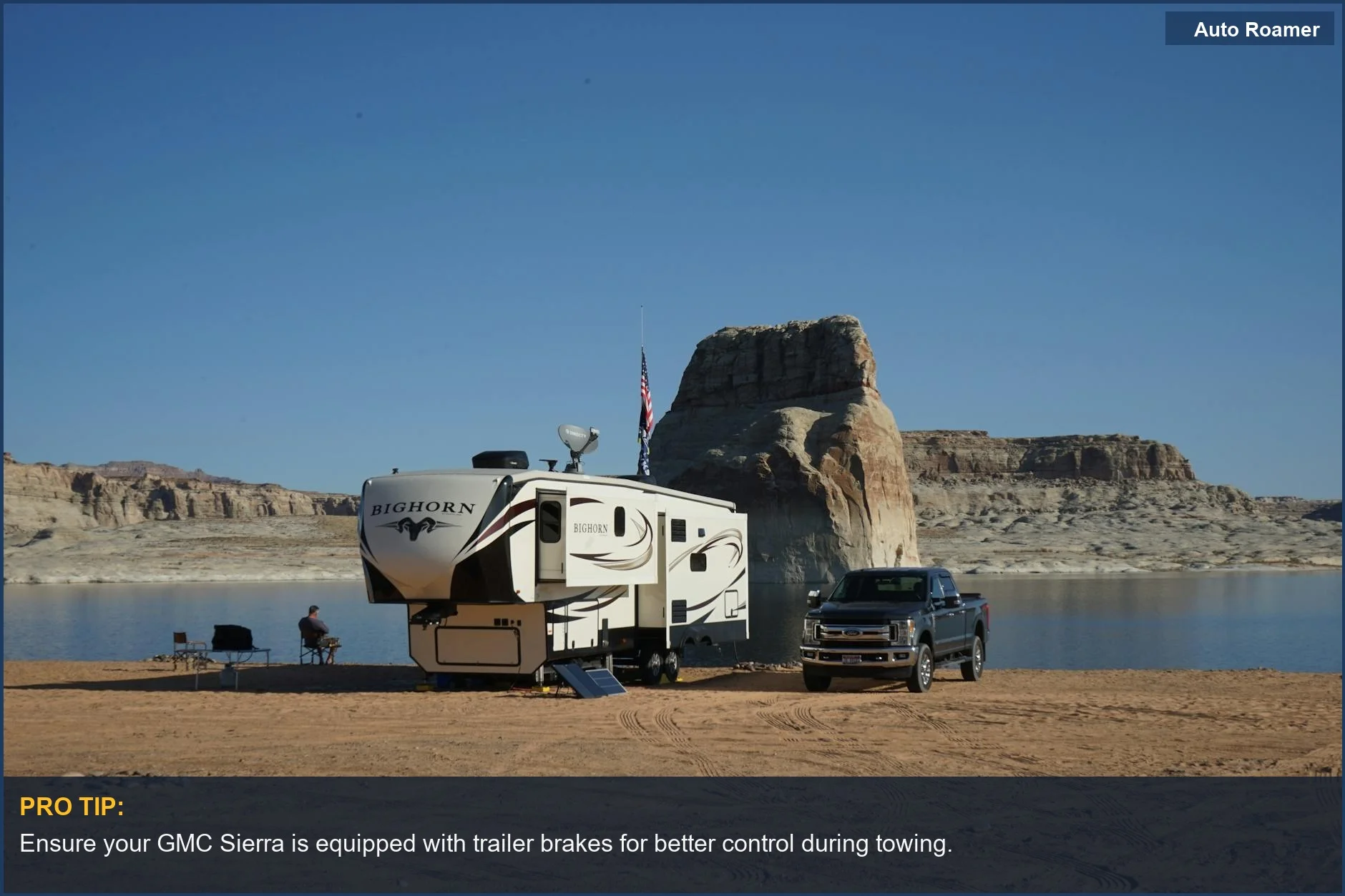 Beautiful RV camping area near Lake Powell with rock formations and GMC Sierra.