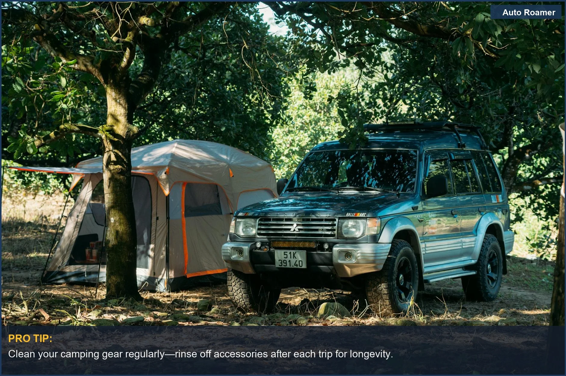 SUV beside a tent in a lush forest, ideal for outdoor enthusiasts and camping gear