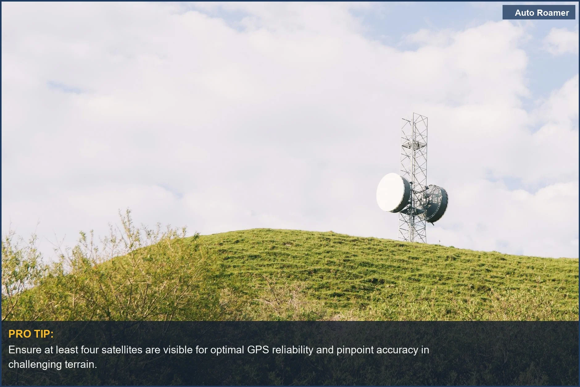 Communication tower on a grassy hill, illustrating the technology behind reliable GPS accuracy for remote exploration.