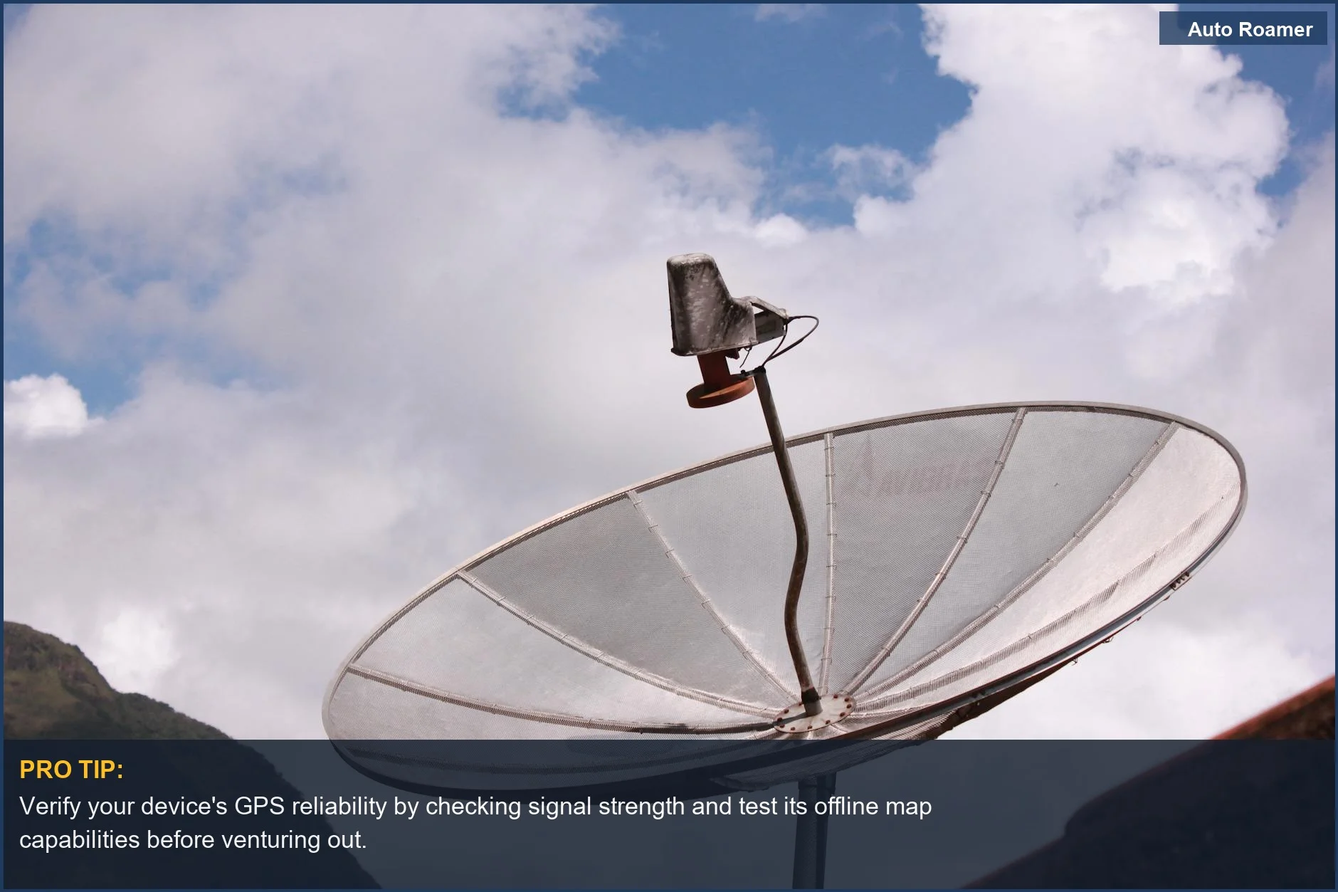 Silver satellite dish pointing skyward, symbolizing the importance of GPS reliability for wilderness navigation.