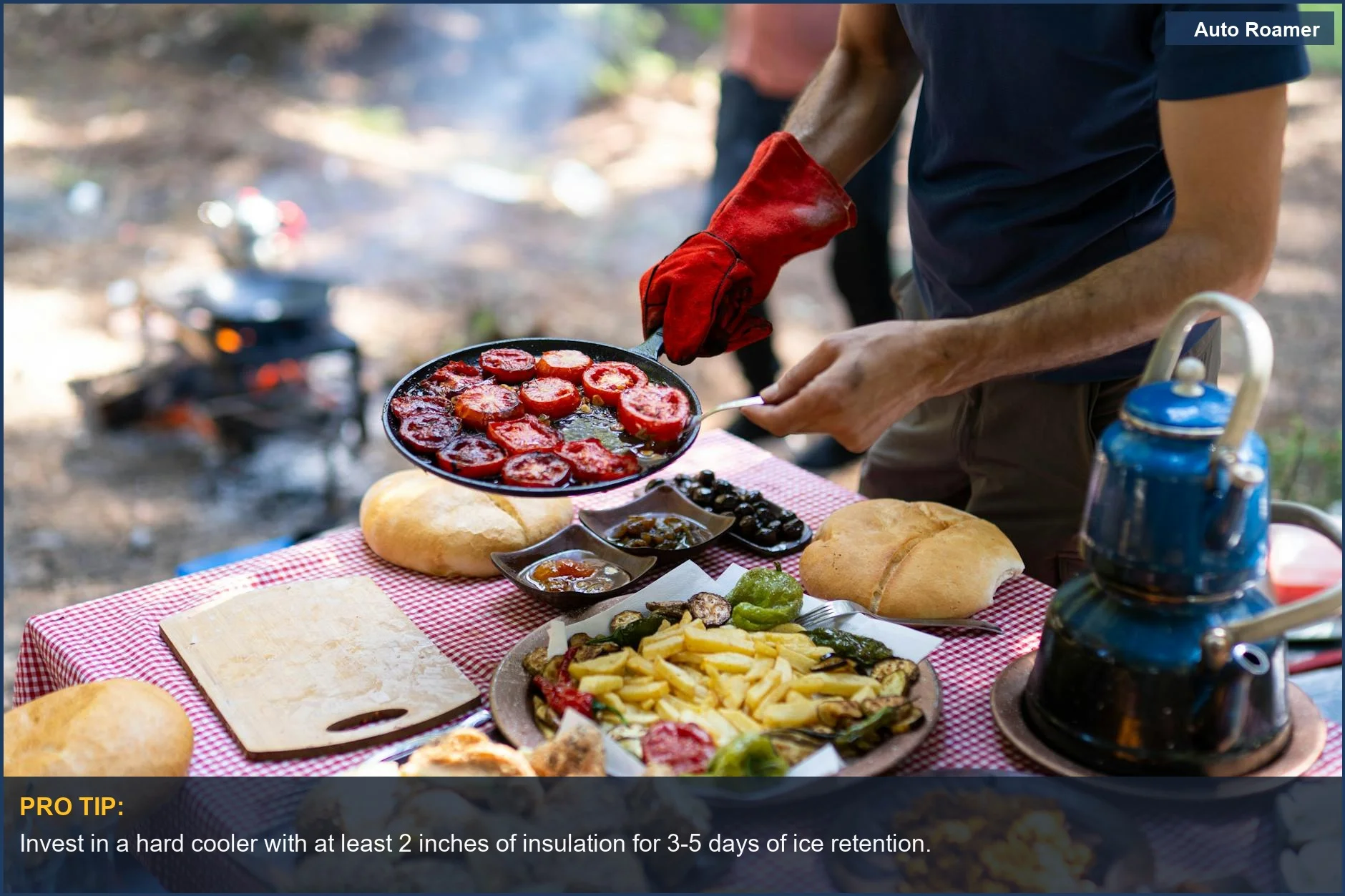 Disfrutando de una comida de campamento con tomates a la parrilla, mostrando los beneficios de una nevera rígida para acampar en coche.
