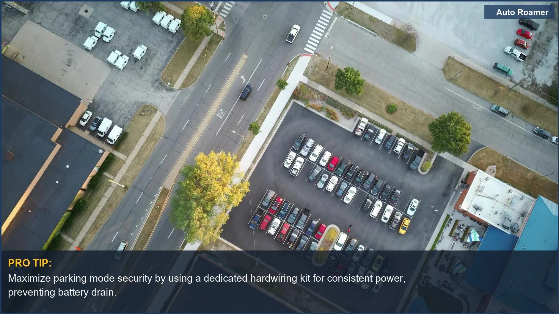 Drone view of urban parking lot and roads, illustrating the need for reliable dashcam parking mode power.