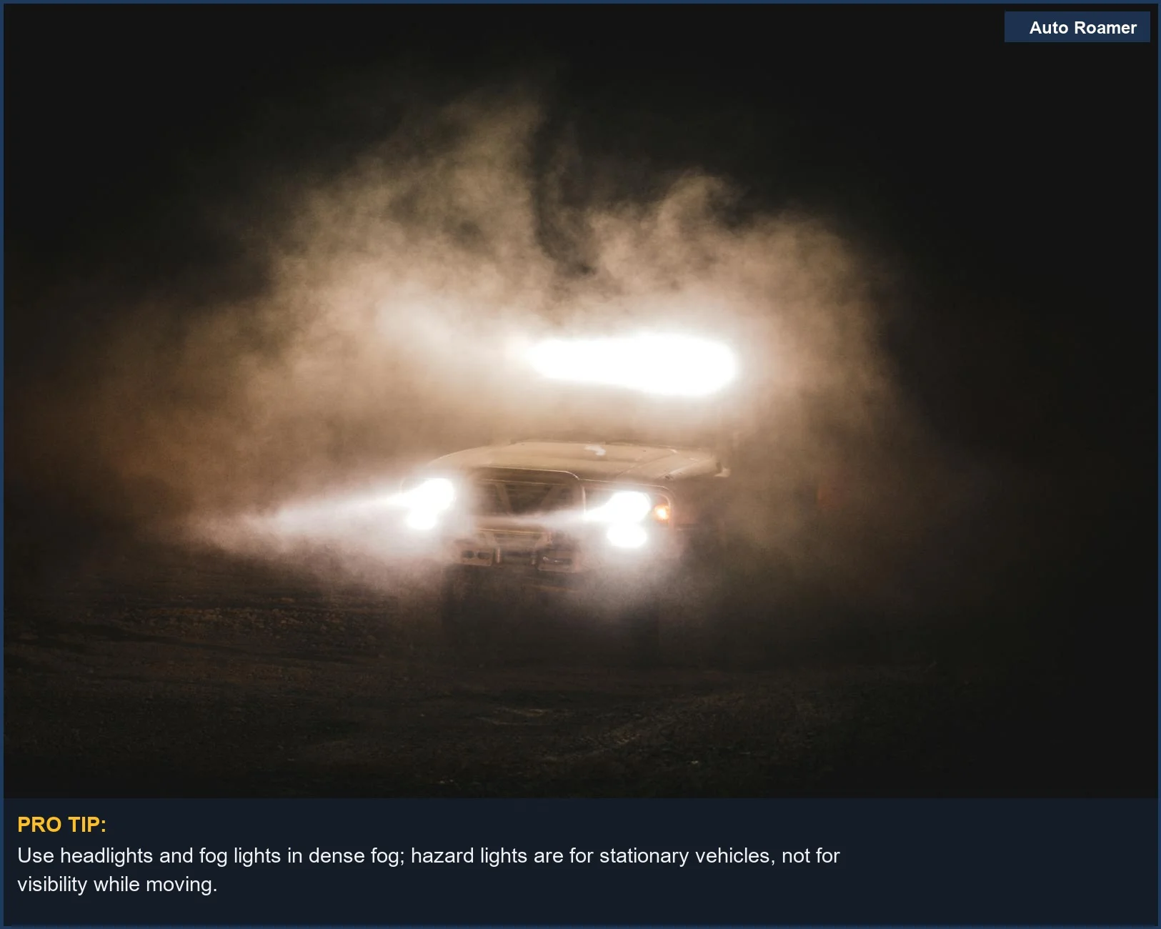 Vehicle headlights cutting through dense fog, showing a different weather scenario where hazard lights might be debated.