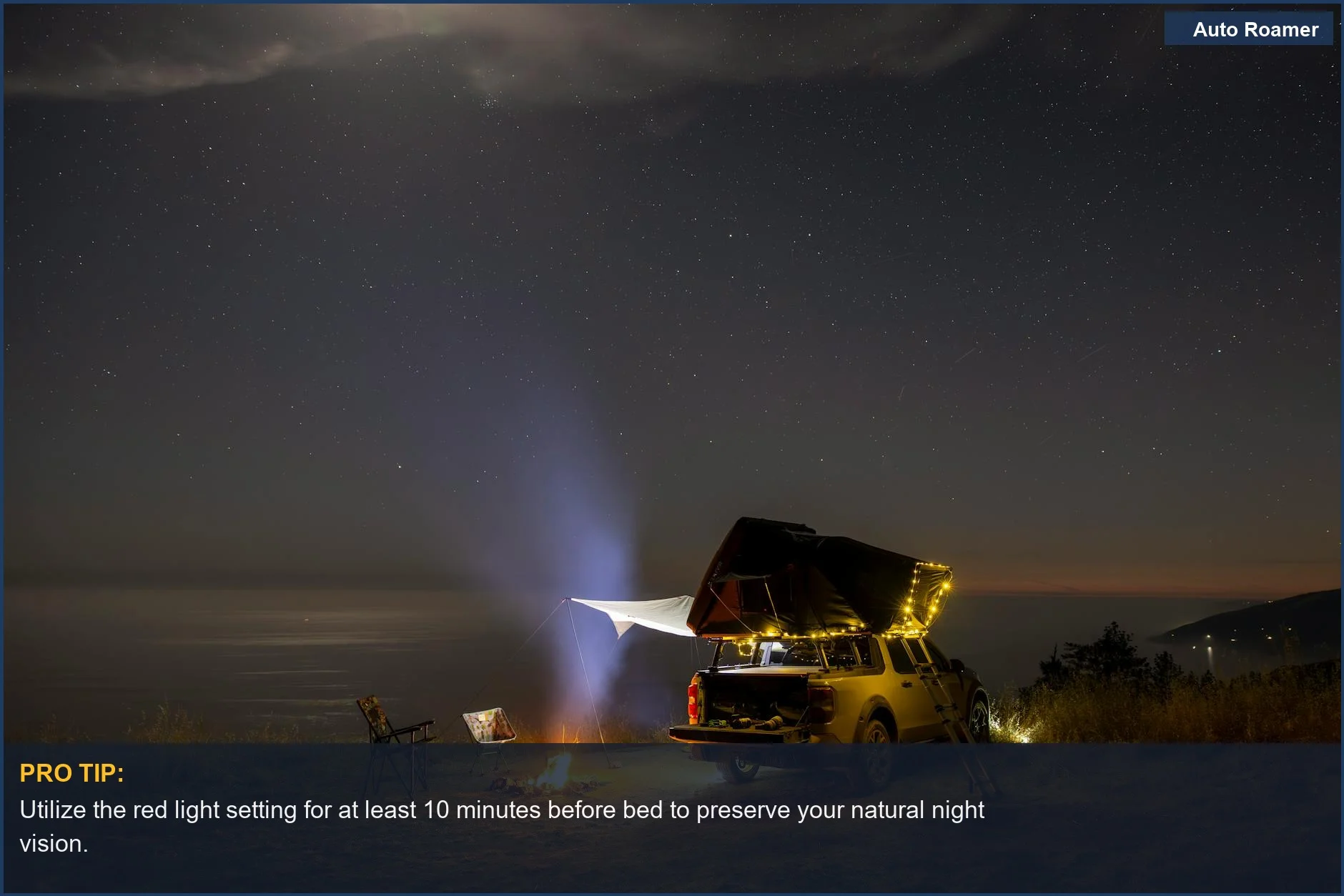 Best headlamp for camping: Vehicle and campfire under a starlit sky, highlighting a peaceful car camping setup.