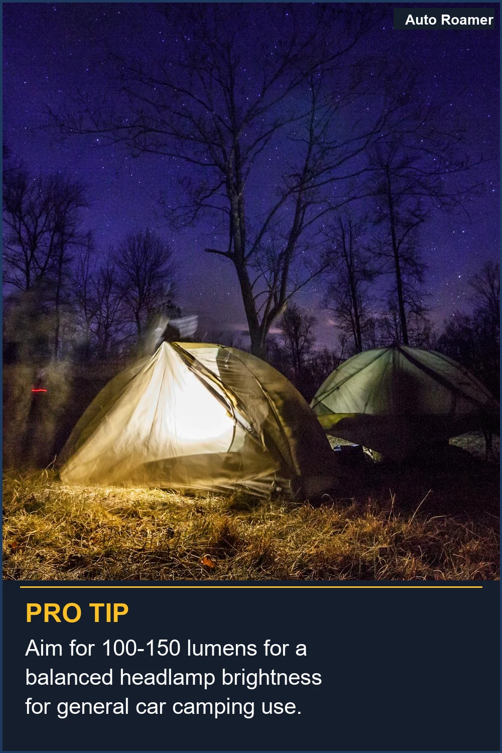Aim for 100-150 lumens for a balanced headlamp brightness for general car camping use.
