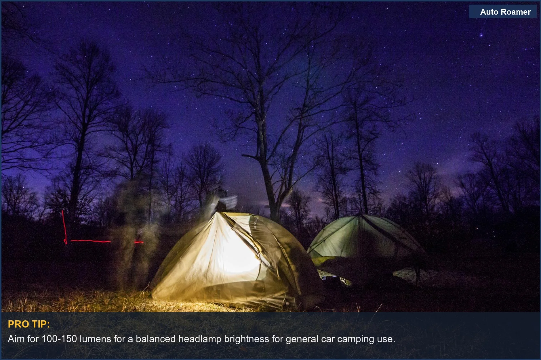 Illuminated tents beneath a starry night sky demonstrate the sweet spot for headlamp brightness.