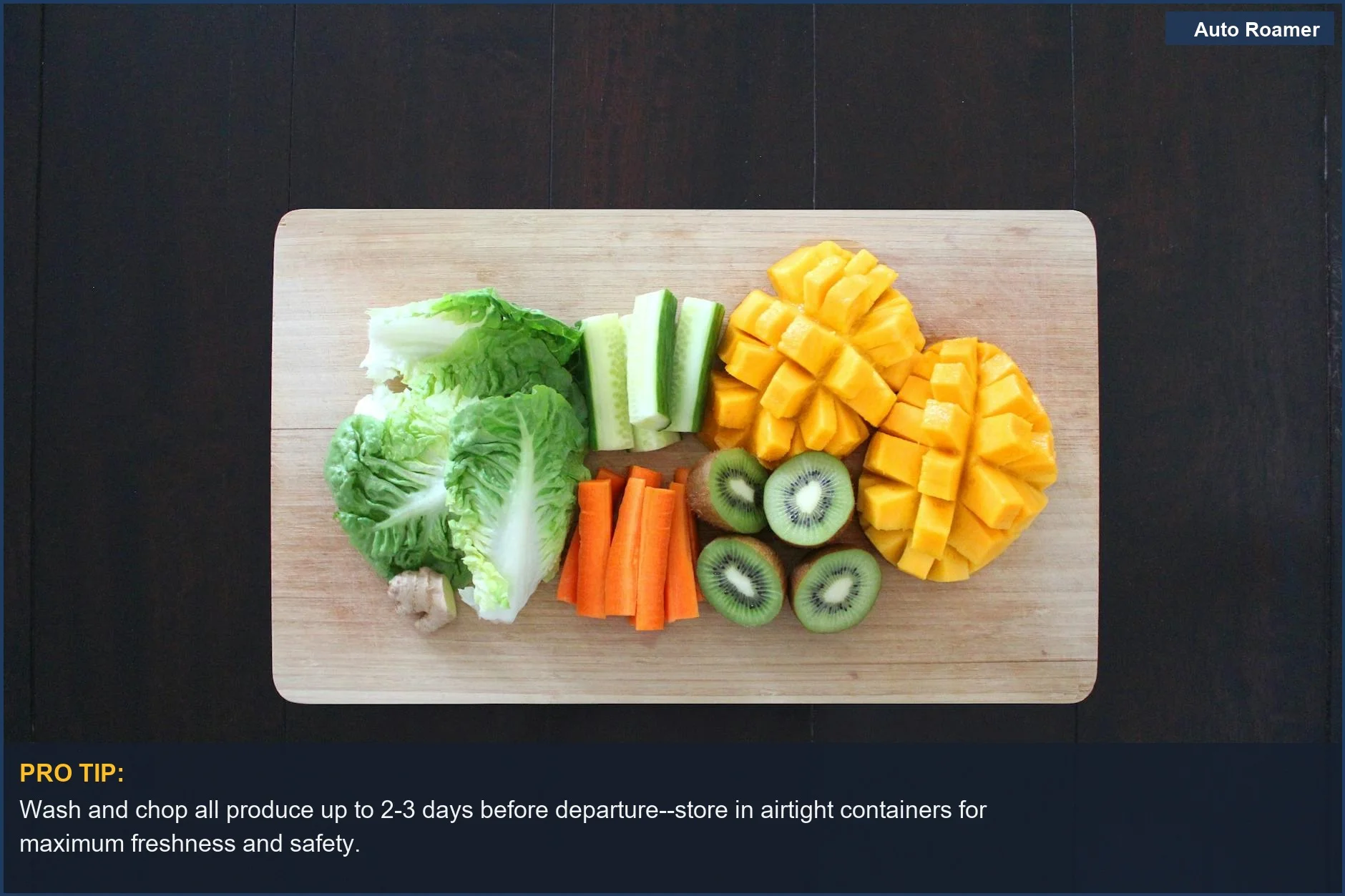 Chopped fresh fruits and vegetables on a board, showcasing ideal healthy road trip snacks for children requiring prep work.