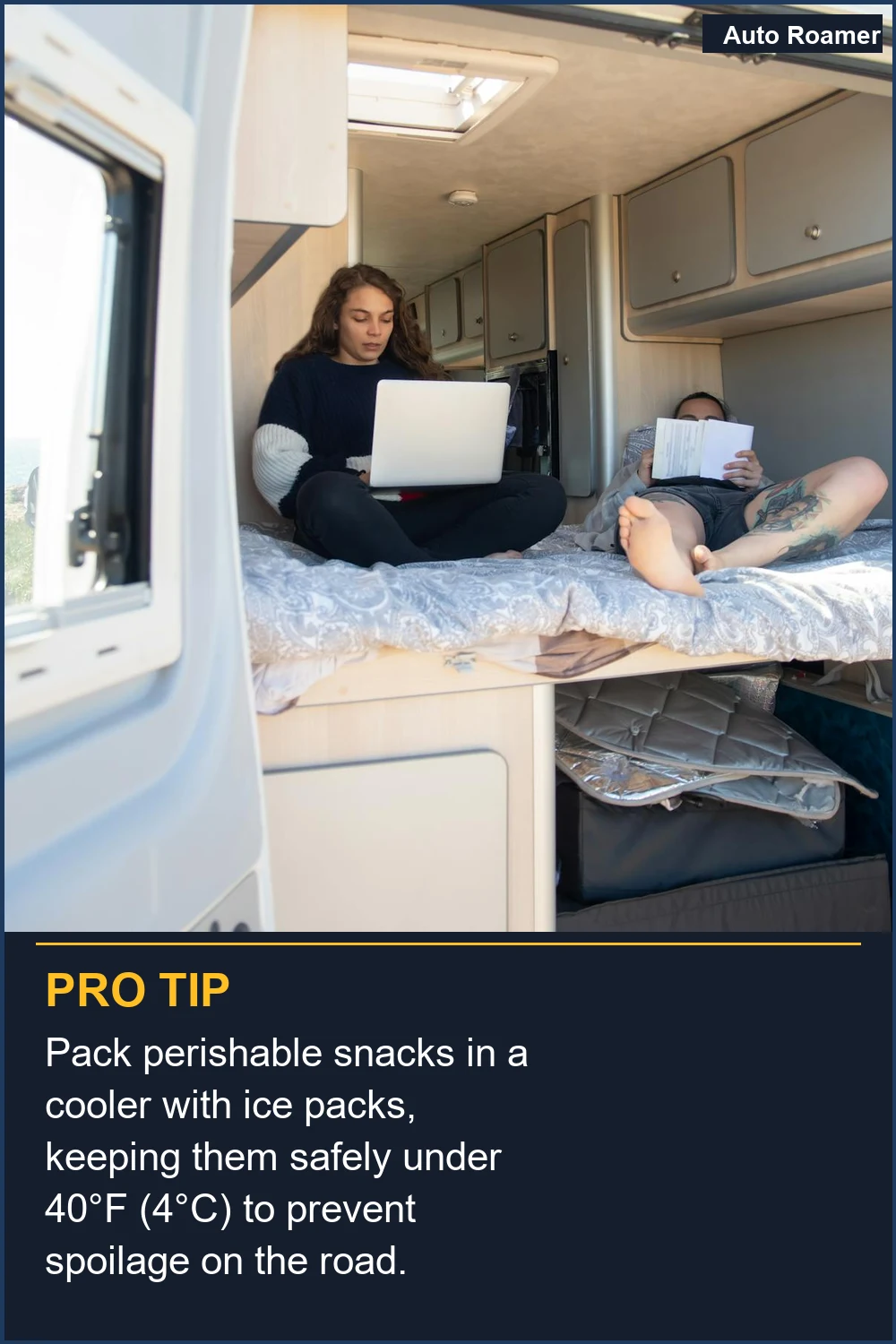 Pack perishable snacks in a cooler with ice packs, keeping them safely under 40°F (4°C) to prevent spoilage on the road.