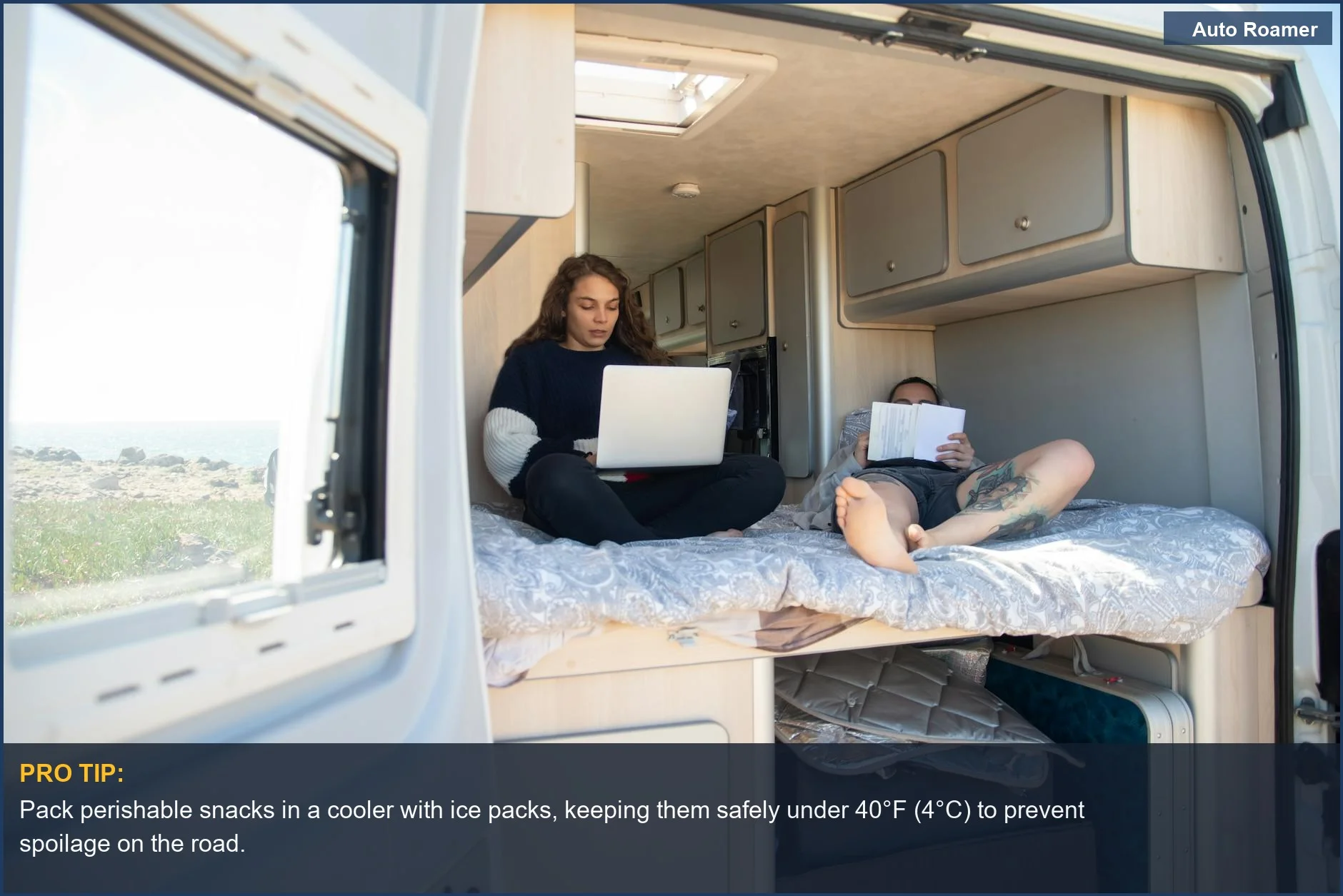 A couple enjoying downtime in their motorhome, emphasizing the importance of well-planned healthy road trip snacks for kids.