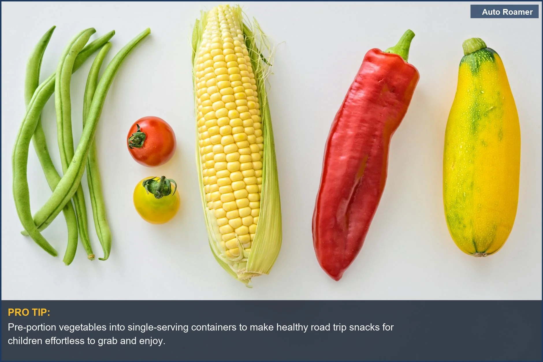Colorful assortment of corn, peppers, and tomatoes offers ideal healthy road trip snacks for kids, promoting nutrition and variety.