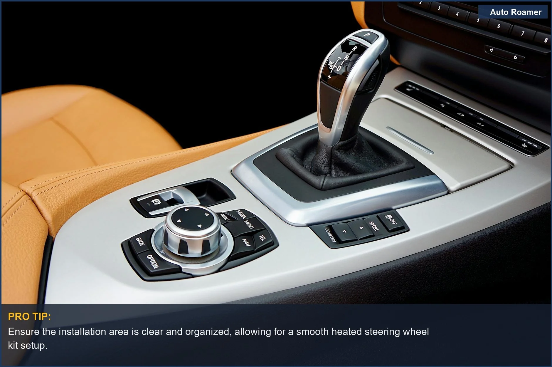 Luxury car interior focusing on modern gear shift and controls -- heated steering wheel kit setup.