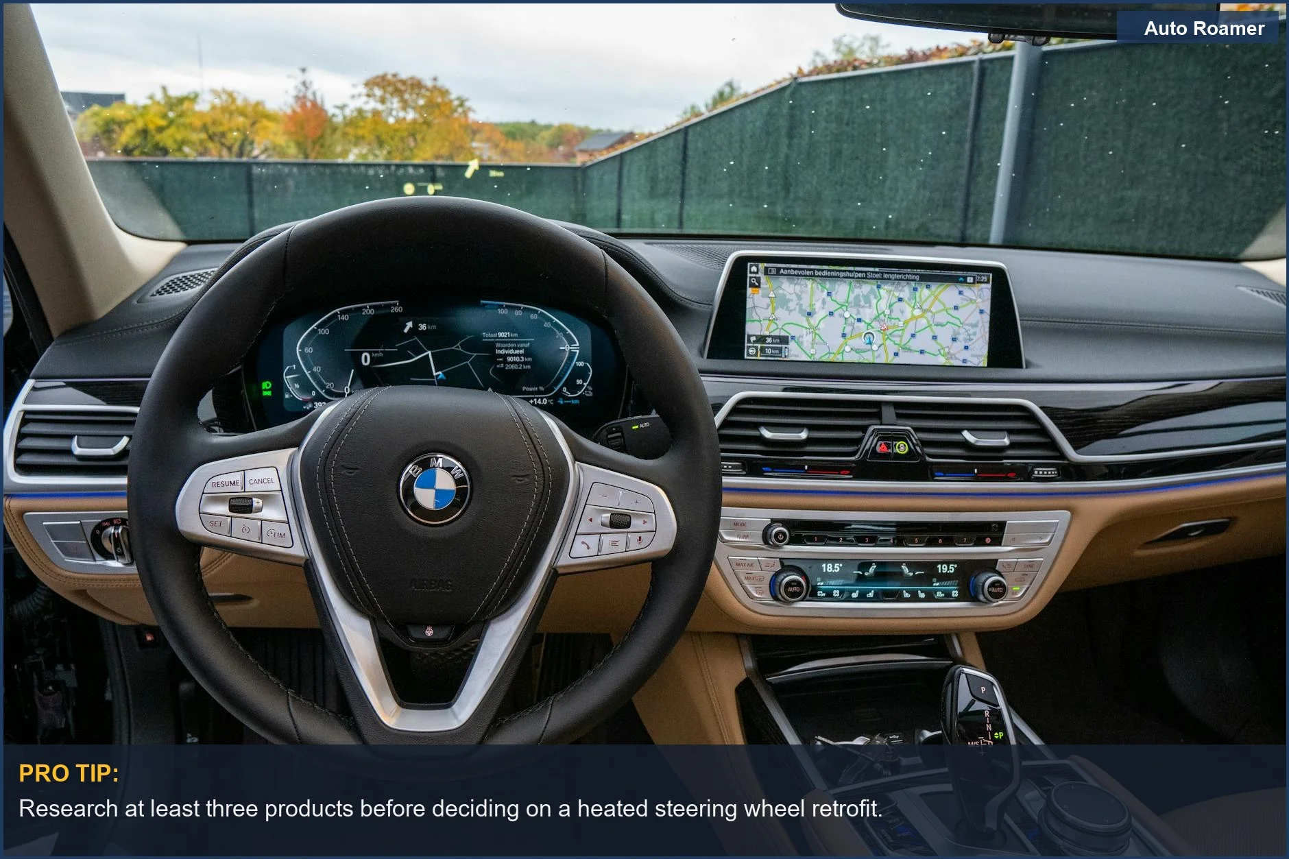 BMW interior showcasing luxurious dashboard and heated steering wheel retrofit options.