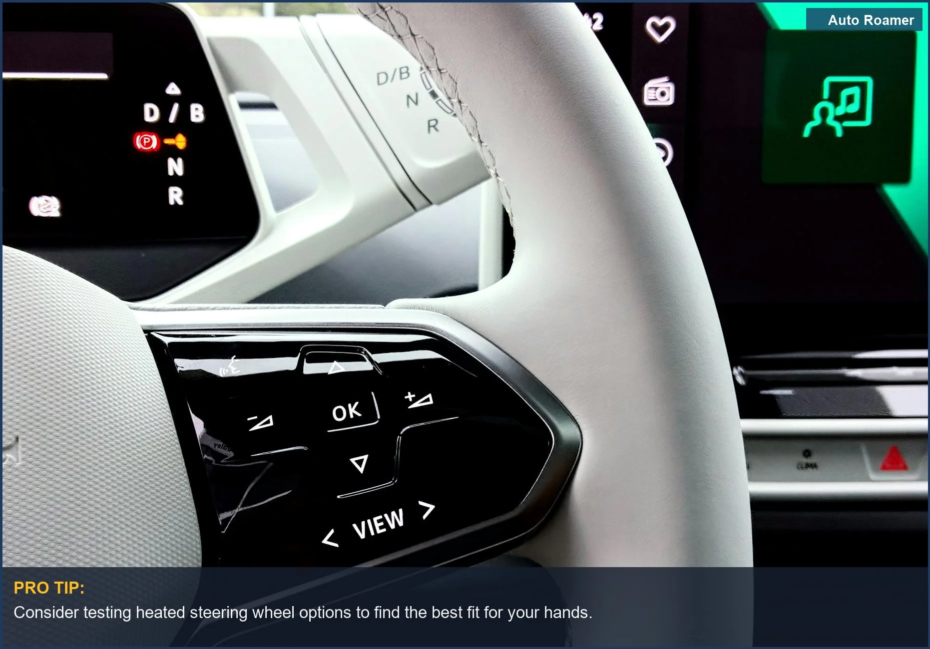 Close-up view of a car's steering wheel with modern controls for heated steering wheel retrofit.