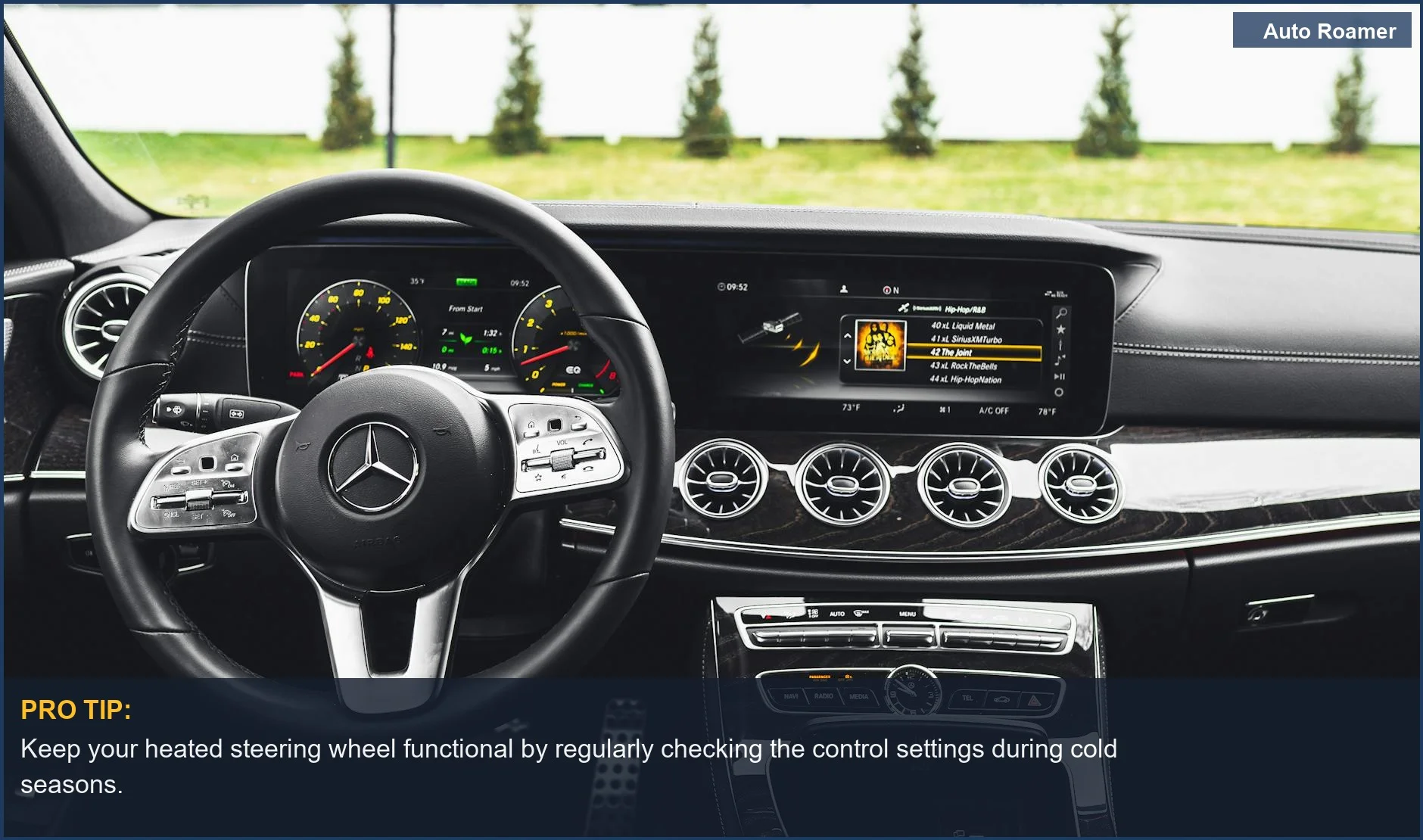 Sleek interior of a Mercedes Benz highlighting advanced tech and heated steering wheel features.