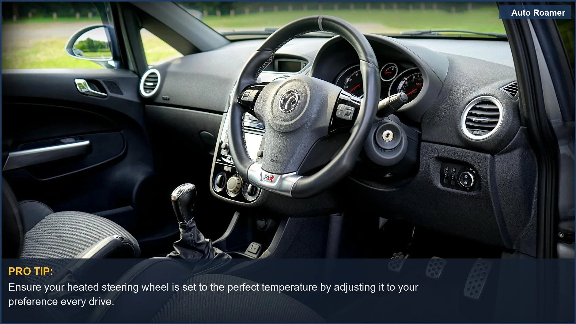 Modern car dashboard with heated steering wheel symbol and sleek design elements.
