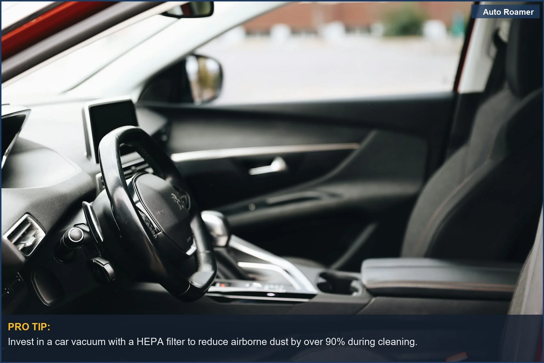 Sleek car interior dashboard and steering wheel, emphasizing car interior cleaning with advanced vacuums.