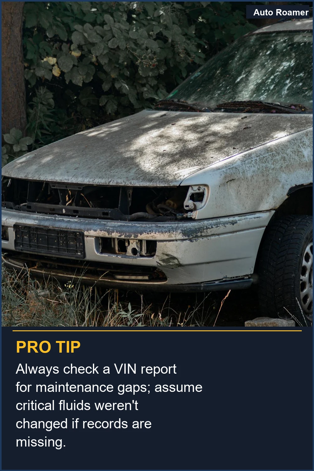 Always check a VIN report for maintenance gaps; assume critical fluids weren't changed if records are missing.