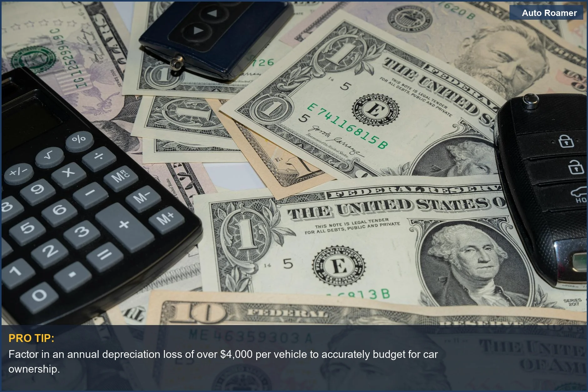 US dollar bills and car key highlight the financial impact of hidden car costs like depreciation.