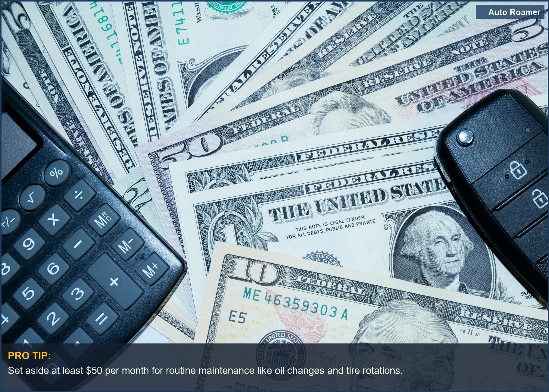 Calculator, car keys, and US dollars symbolize managing your car ownership budget effectively.