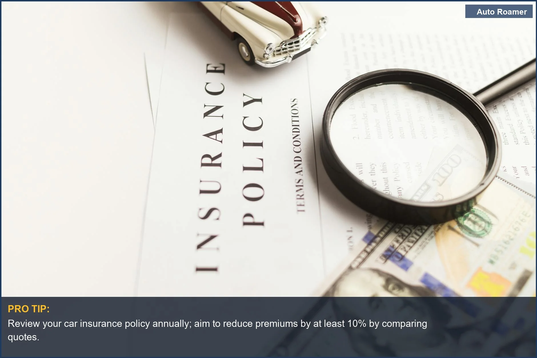 Magnifying glass over car insurance policy, highlighting hidden car costs and financial commitment.