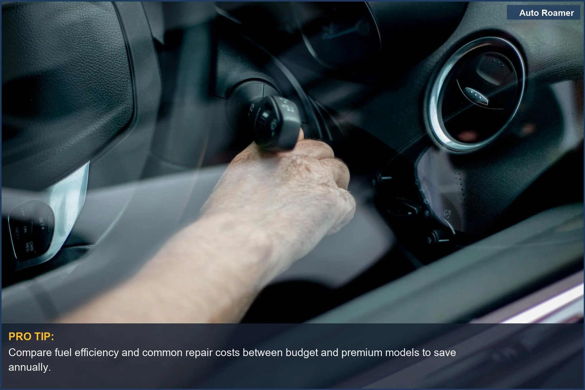 Close-up of a driver's hand starting a car's ignition, signifying the ongoing operational costs of driving.