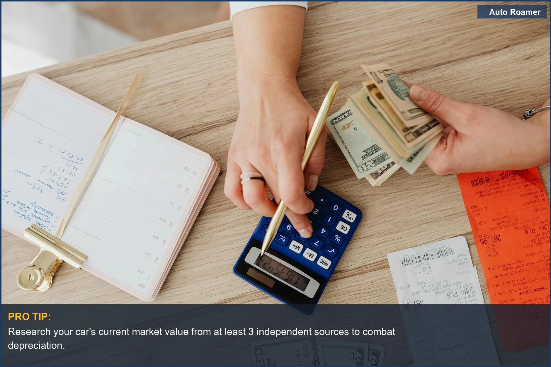 Hands managing finances with calculator, cash, and receipts, highlighting car depreciation impact.