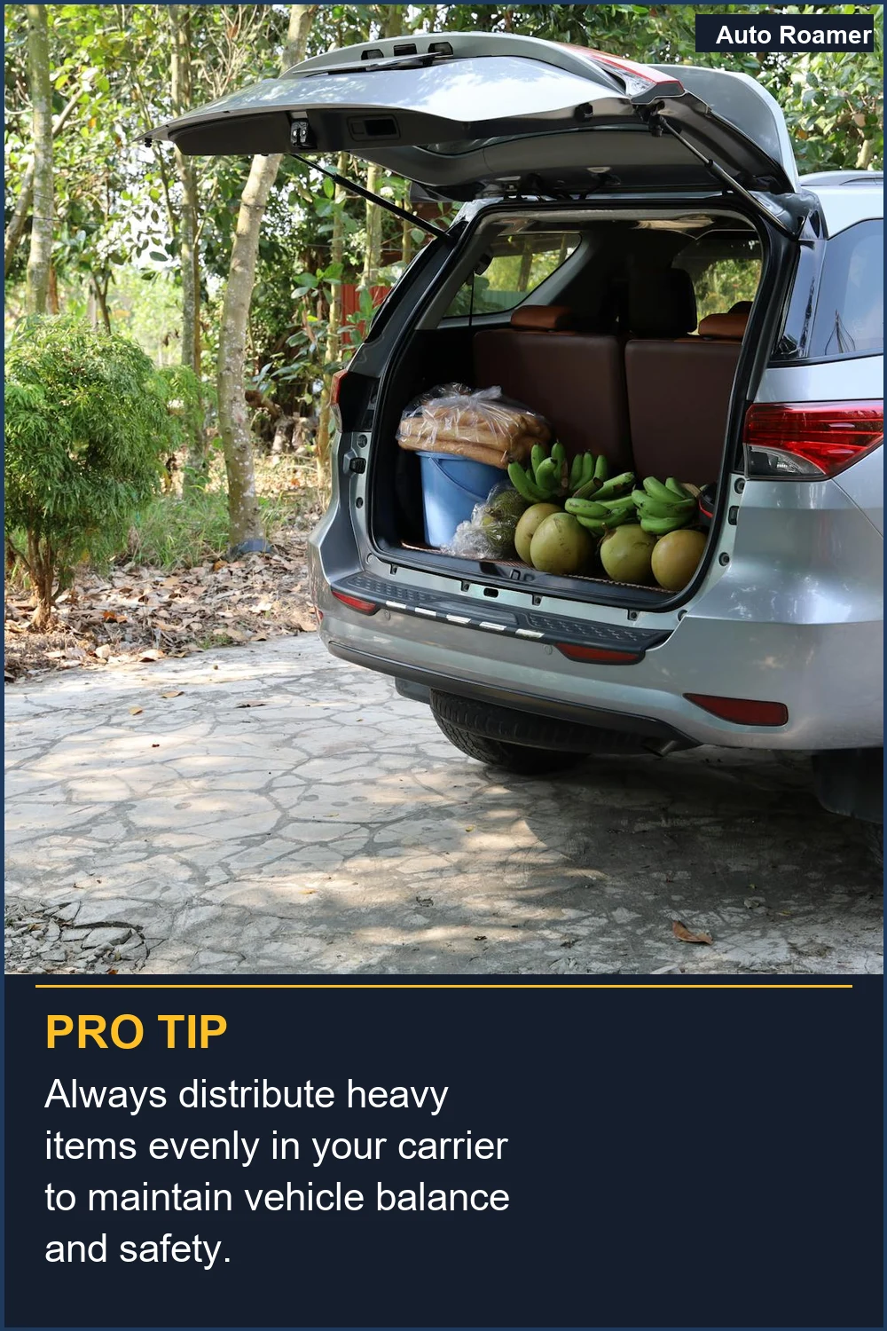 Always distribute heavy items evenly in your carrier to maintain vehicle balance and safety.