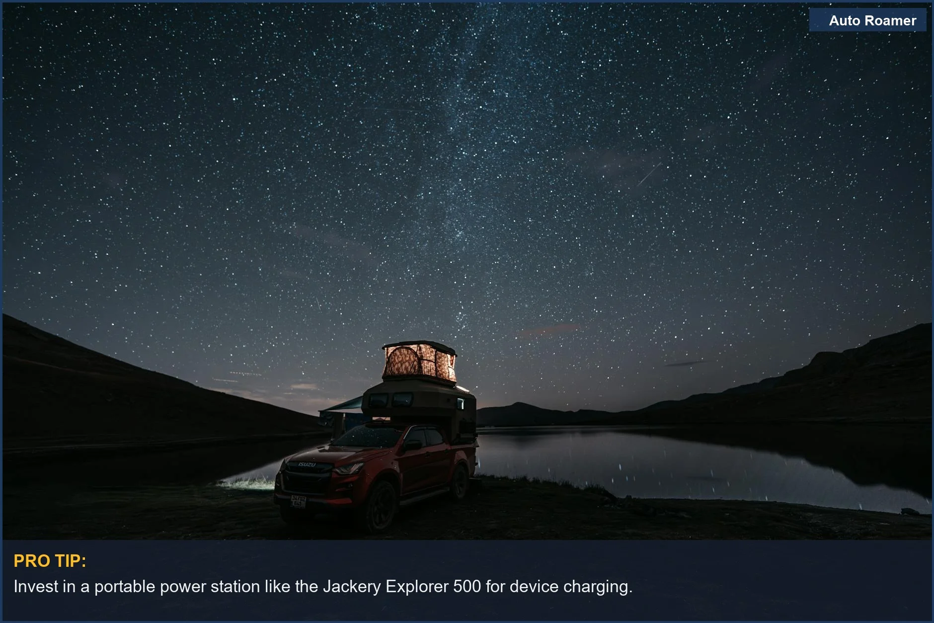 Pick-up truck camping under stars by lakeside -- honda hrv camping power sources