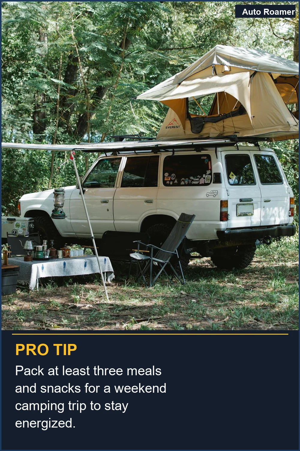 Pack at least three meals and snacks for a weekend camping trip to stay energized.