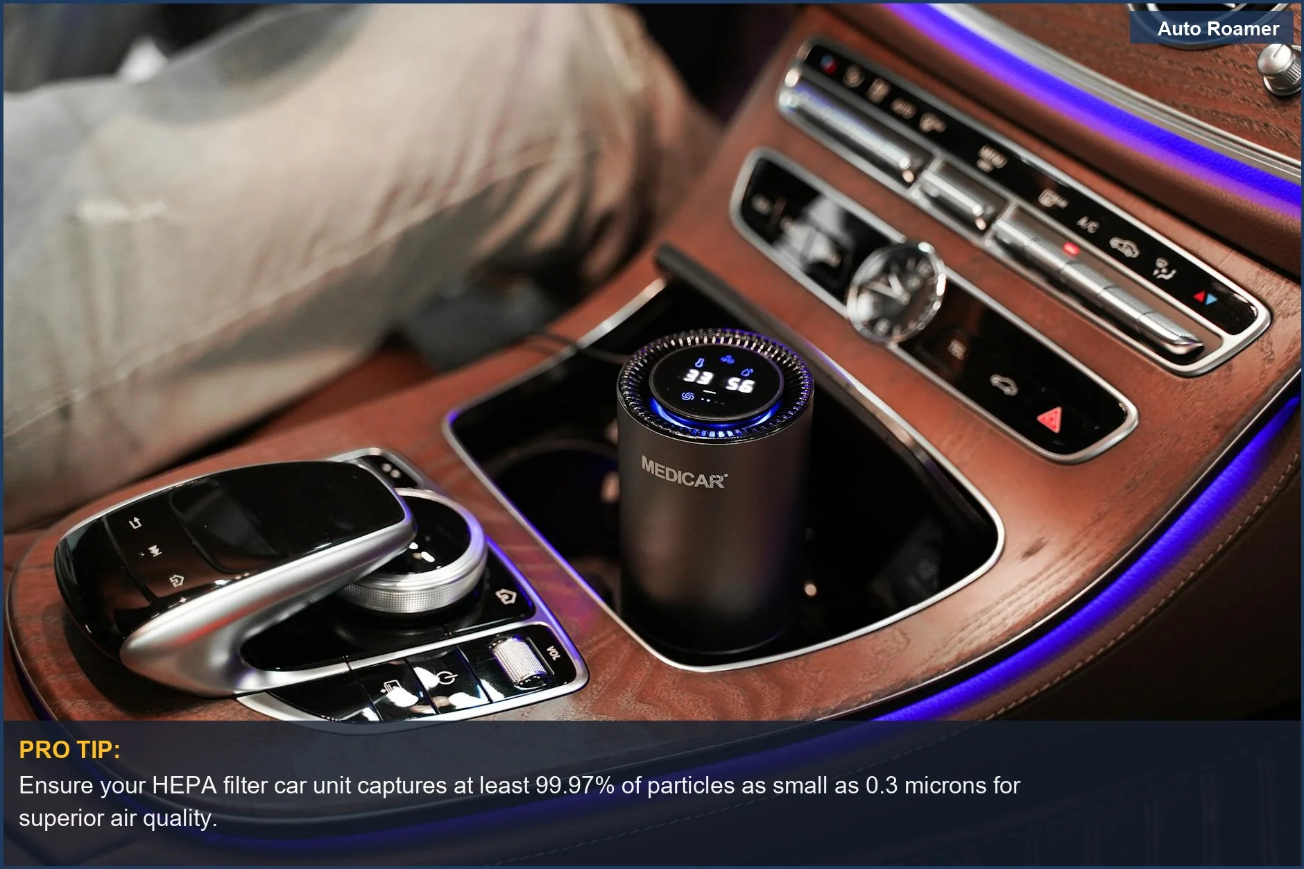 Close-up of a luxury car's center console with an elegant air purifier, demonstrating advanced HEPA filter car technology.