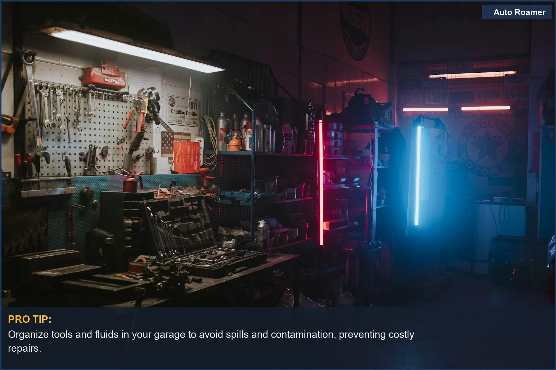 Dimly lit garage with neon lights and tools, symbolizing the hidden costs of vehicle depreciation from car camping.