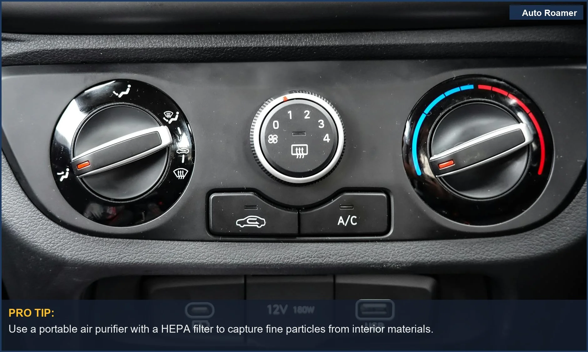 Dashboard controls and car AC vents highlight how car interior materials affect cabin air quality.