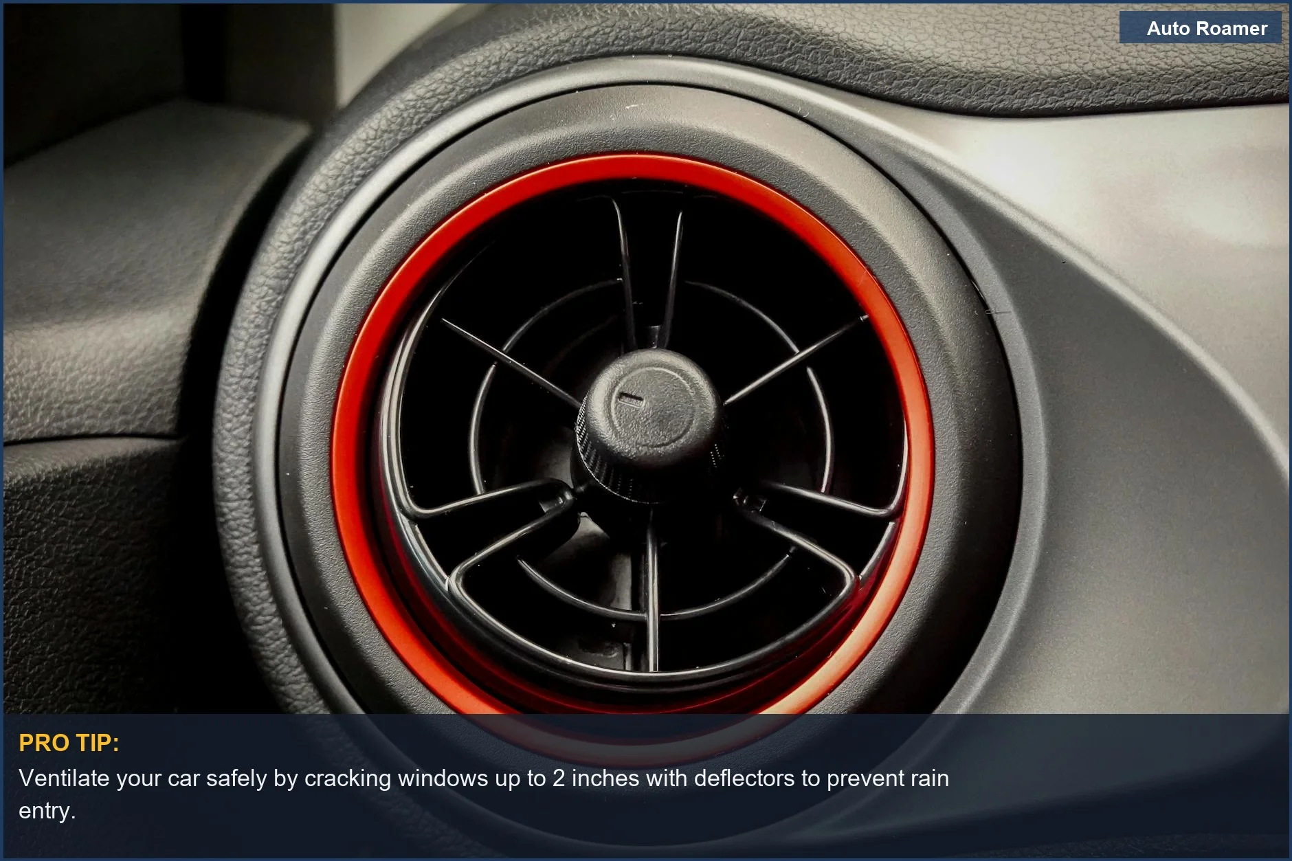 Close-up of a car's circular air vent, illustrating how car deflector function can improve interior comfort on hot days.