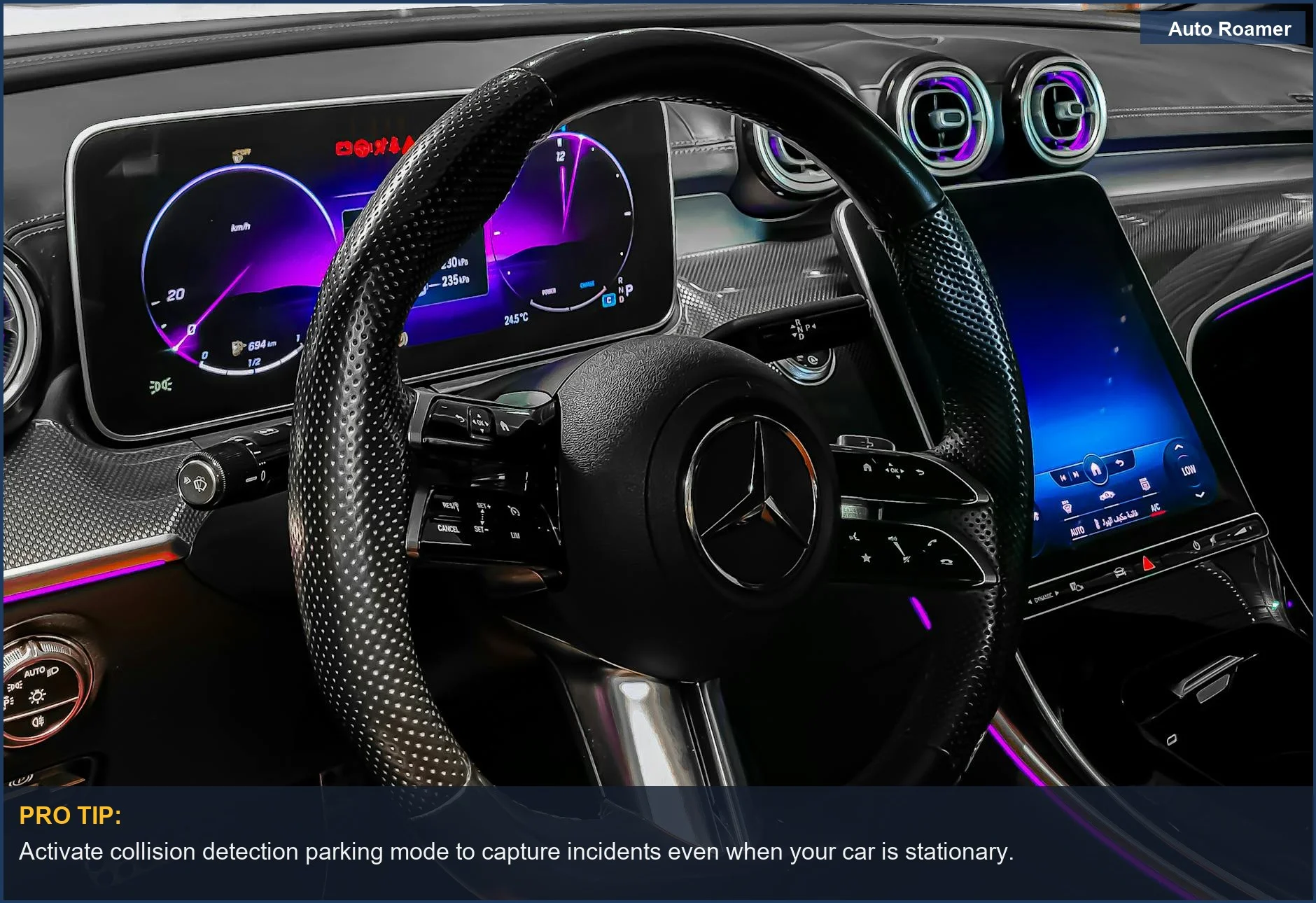 Sleek car interior with illuminated digital dashboard and steering wheel, showcasing collision detection parking mode.