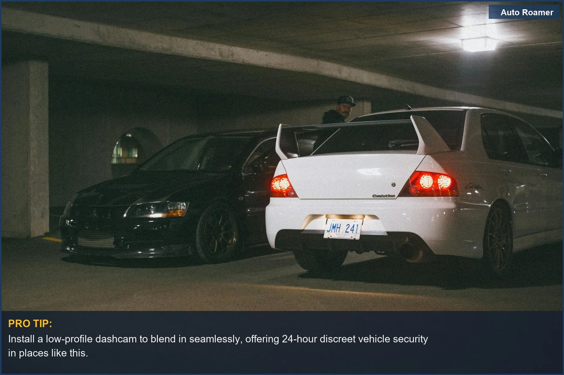 See how dashcam parking mode works by providing 24/7 surveillance for vehicles like these parked in a dimly lit underground garage.