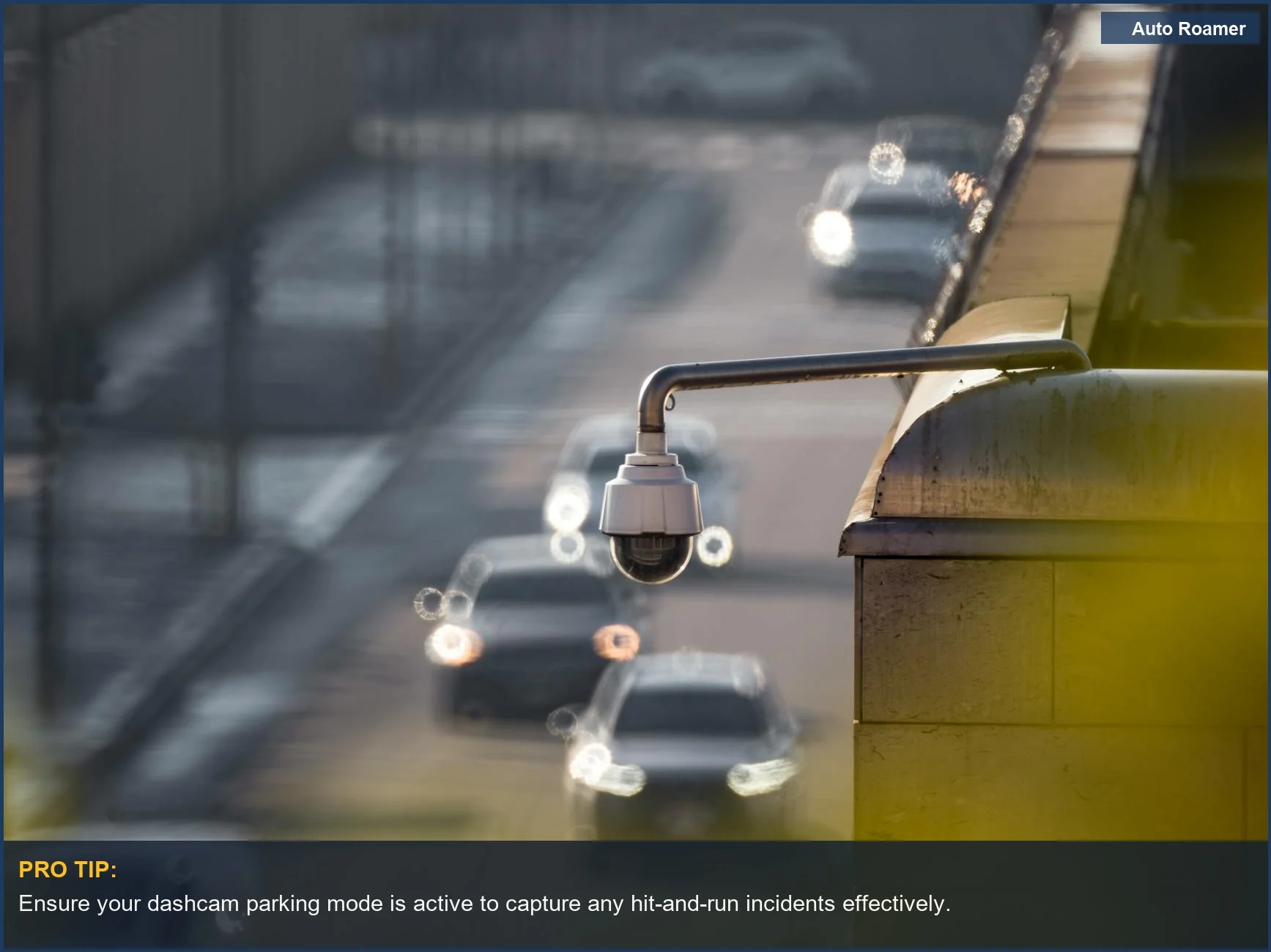 Busy city street with CCTV camera overhead, capturing traffic for dashcam parking mode analysis.