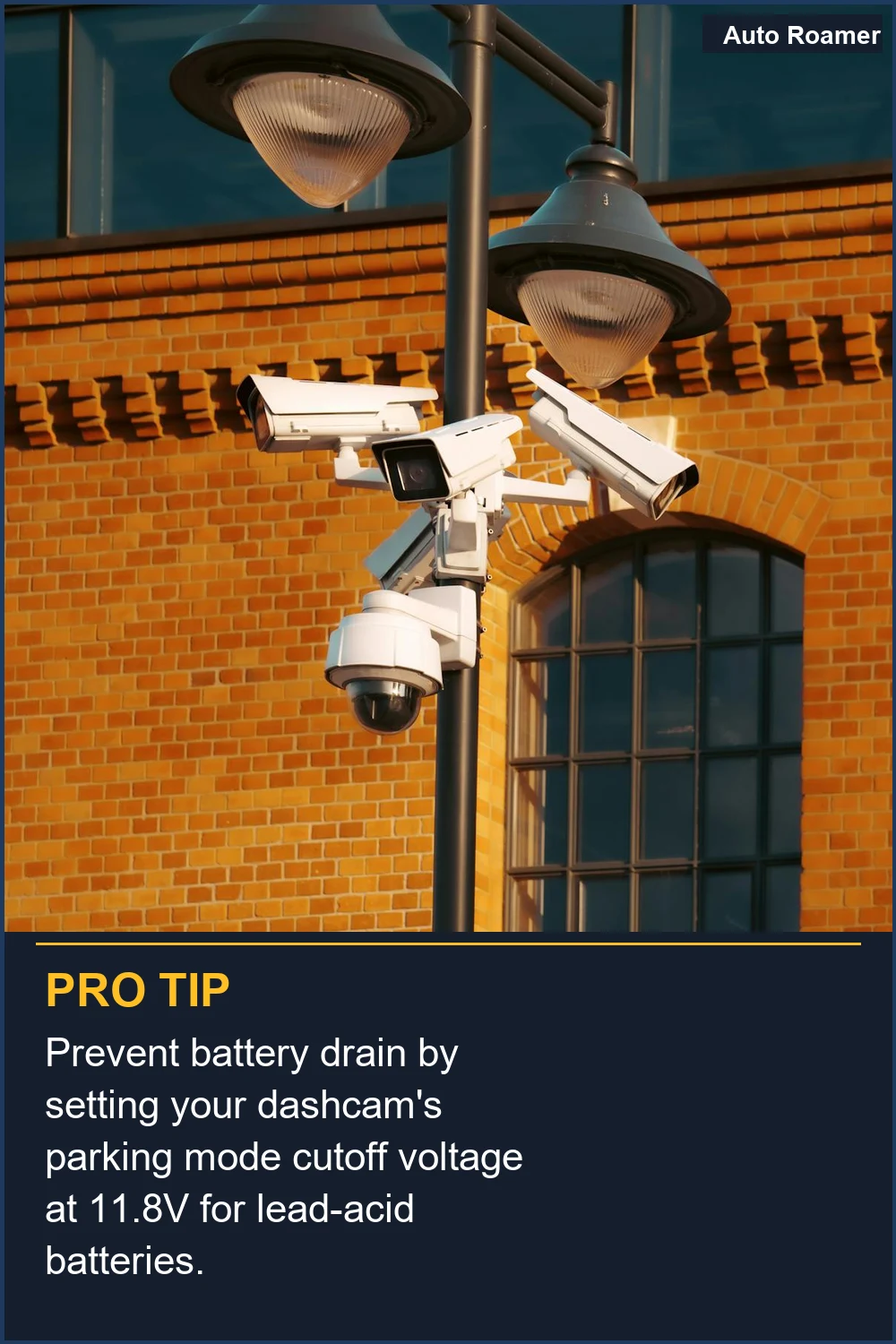 Prevent battery drain by setting your dashcam's parking mode cutoff voltage at 11.8V for lead-acid batteries.