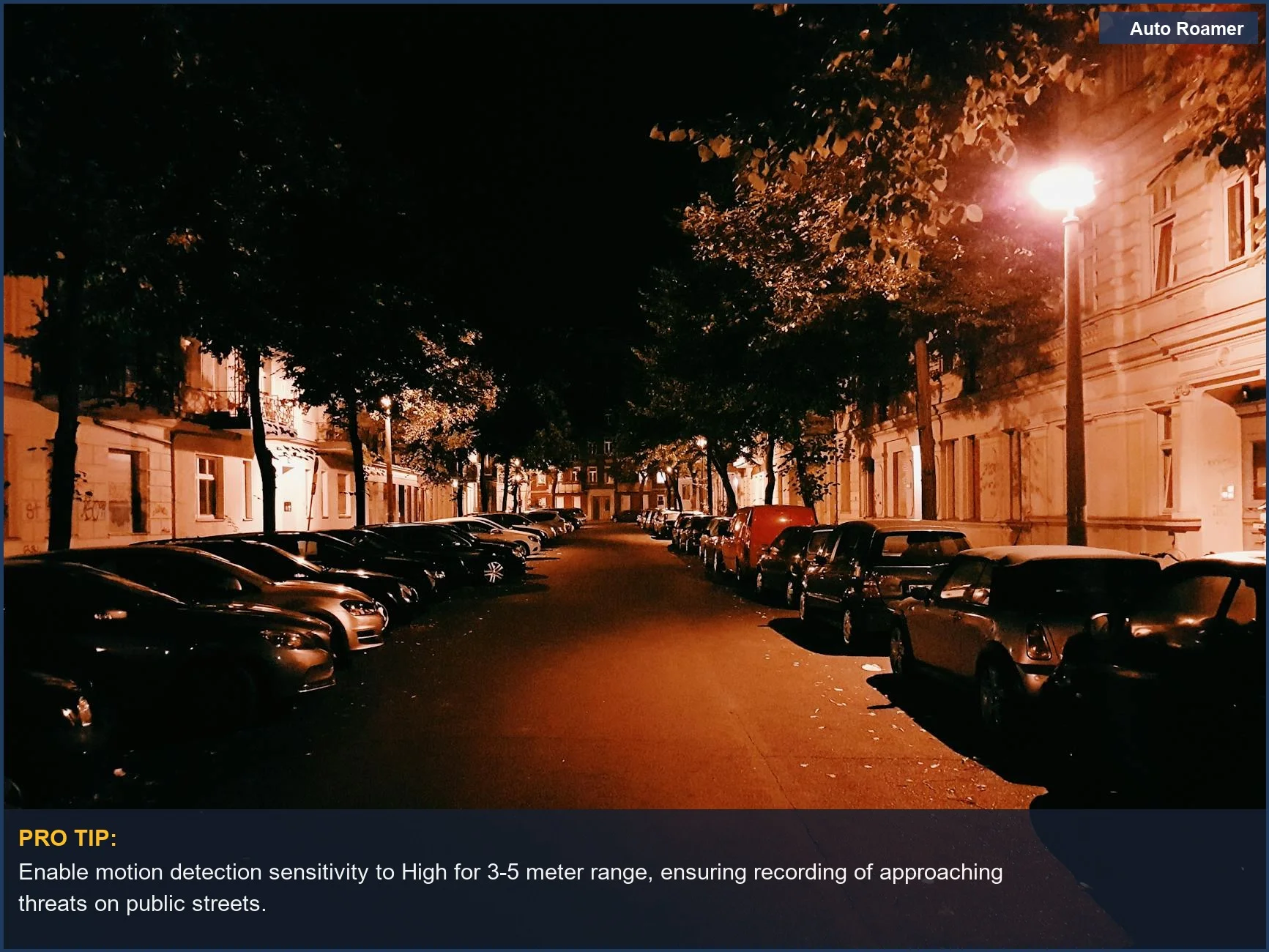 A dashcam's parking function offers vital vehicle security for cars parked on a quiet urban street at night.