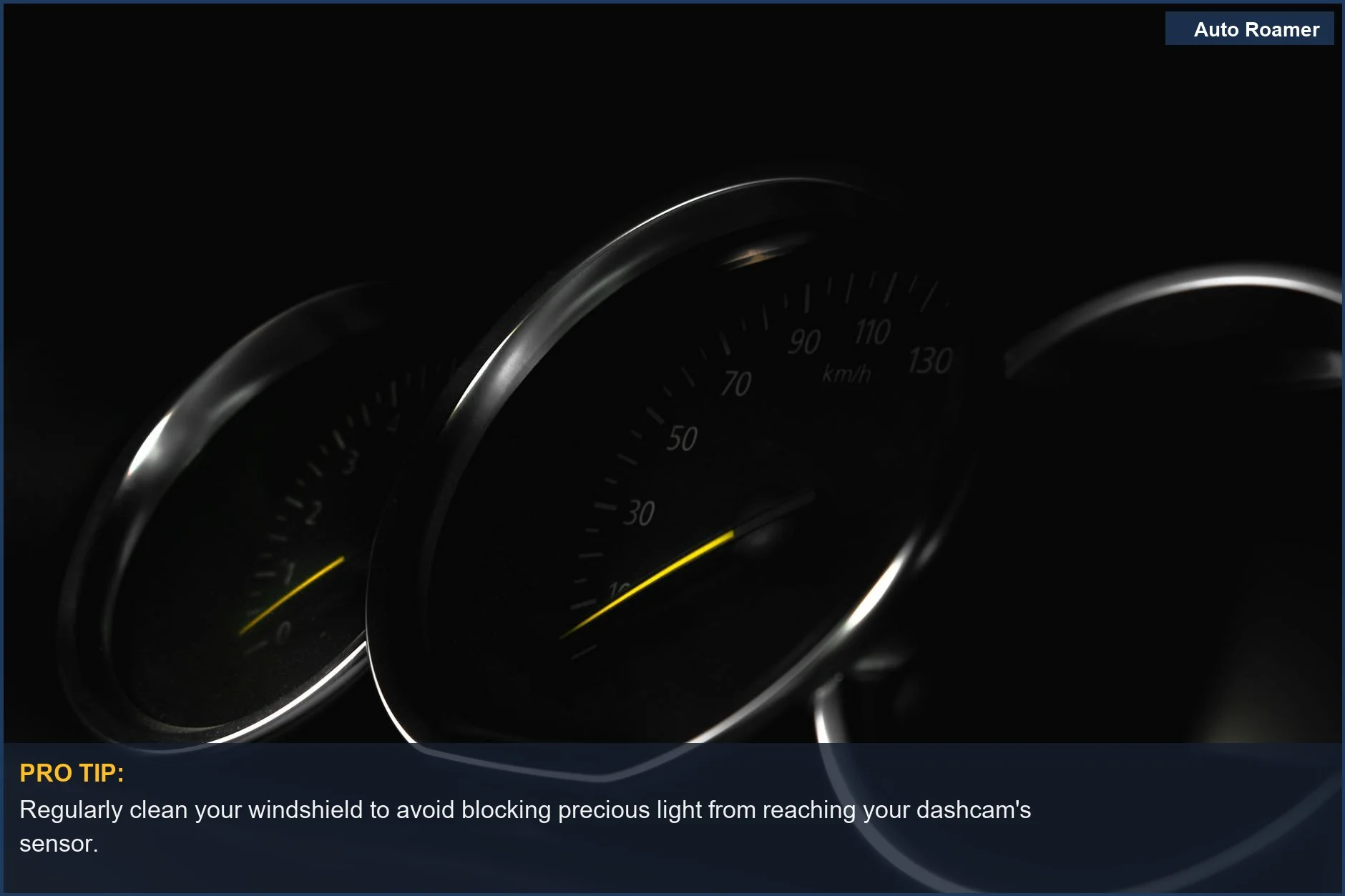 Detailed view of a vehicle speedometer in low light, a key element for dashcam sensor performance.