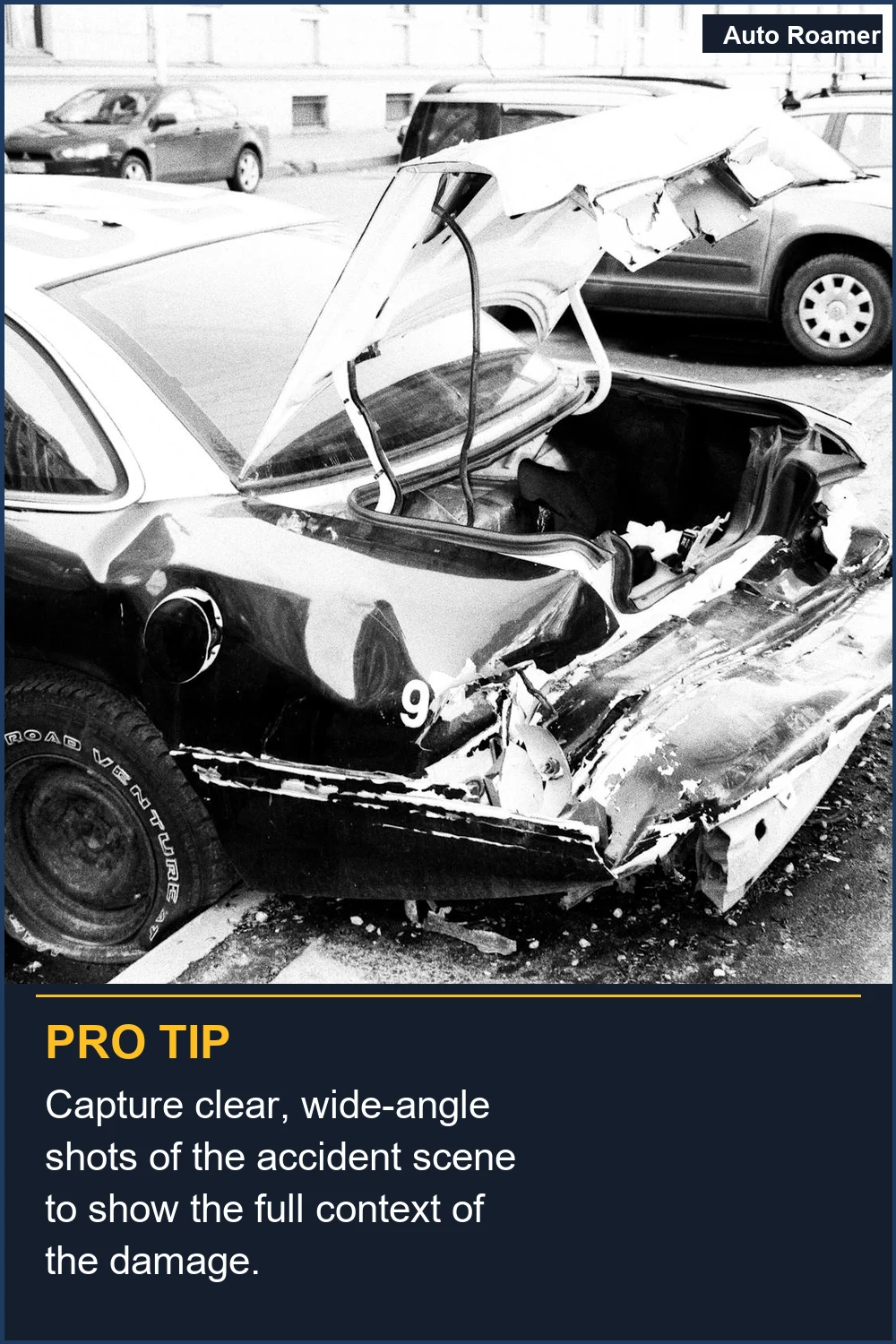 Capture clear, wide-angle shots of the accident scene to show the full context of the damage.
