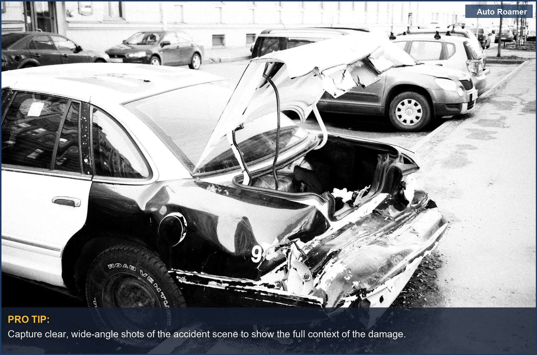 Urban car accident scene with visible damage, proving dashcams prevent insurance fraud.
