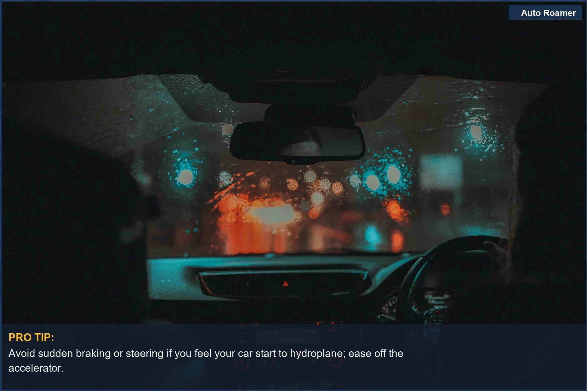 Cinematic view from a car driving through rainy Manchester at night with neon lights, a hydroplaning hazard.