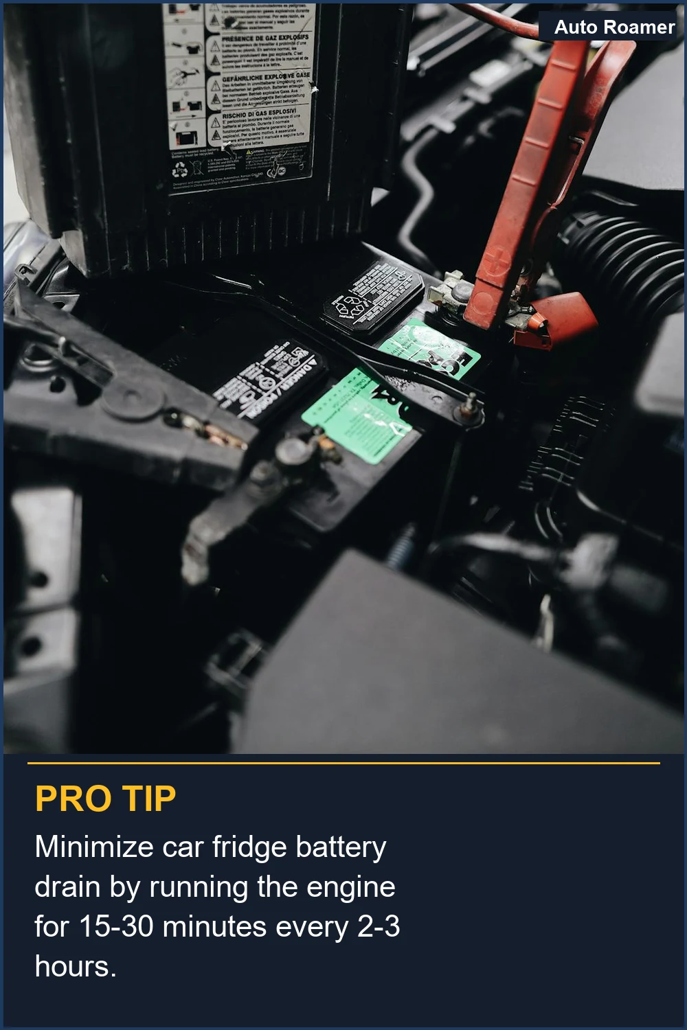 Minimize car fridge battery drain by running the engine for 15-30 minutes every 2-3 hours.