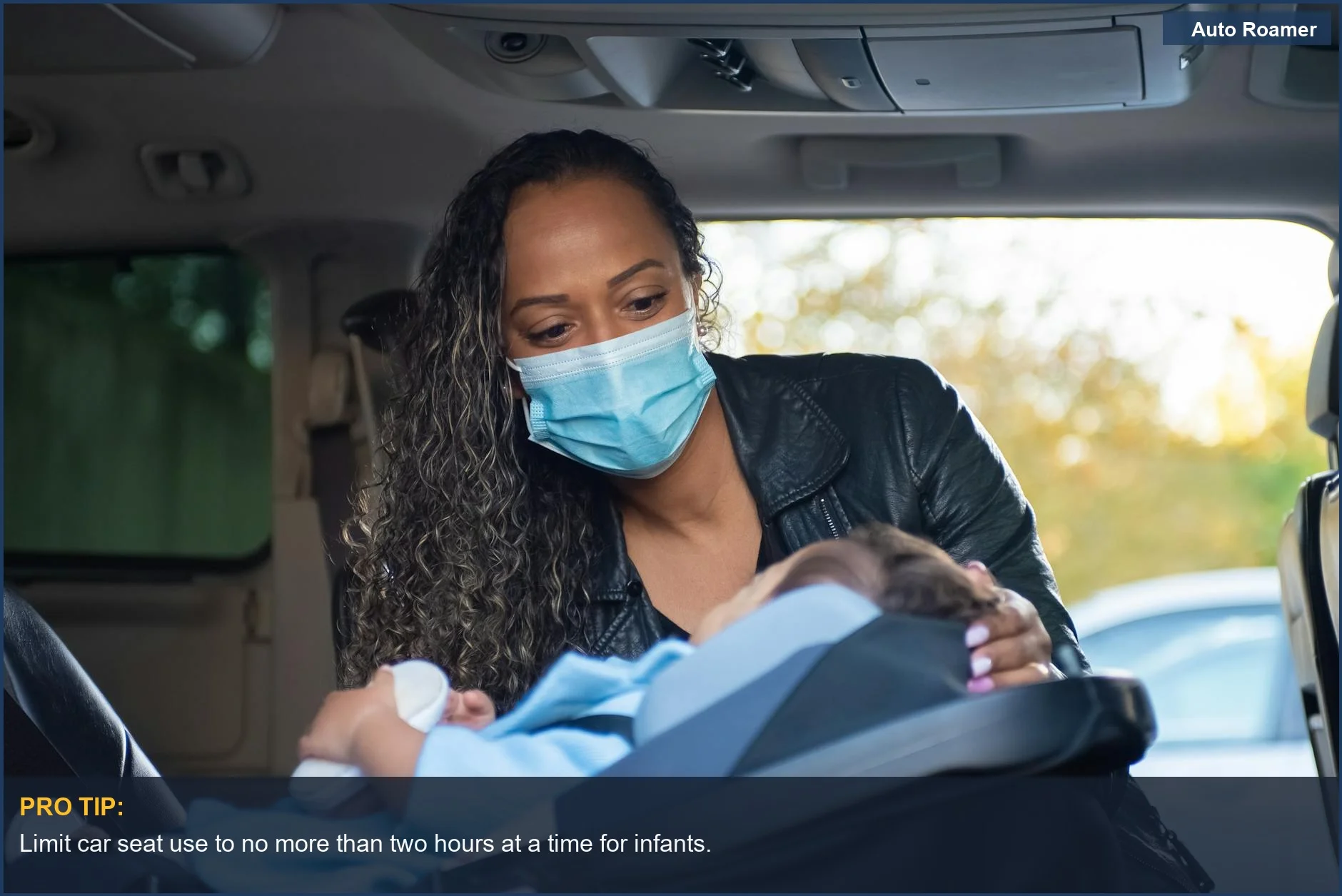Mother buckling baby in car seat emphasizes safety and care for how long baby in car seat.