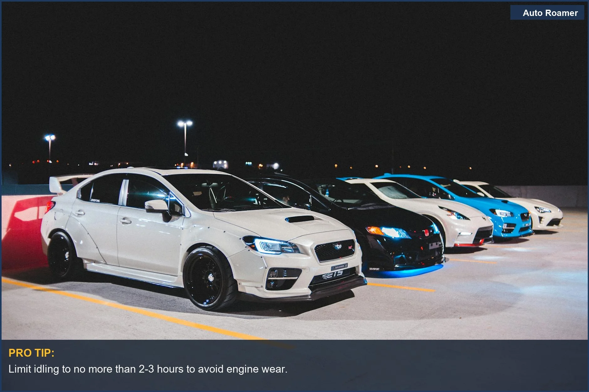 Sleek sports cars parked in a lot at night, highlighting idling risks.