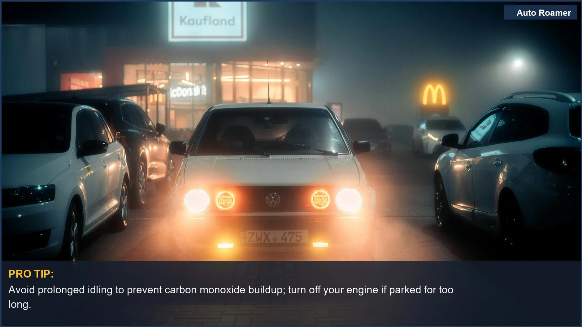 Vintage car with headlights on in a misty parking lot, McDonald's sign visible.