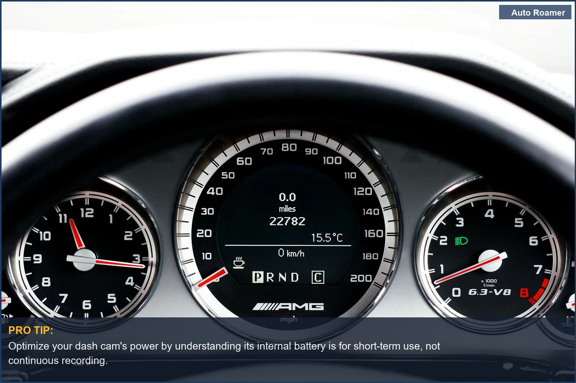 Modern car dashboard close-up showing speedometers and controls, hinting at dash cam battery life considerations.